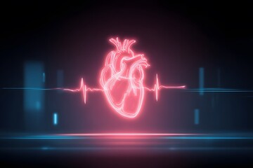 Neon Heartbeat: Glowing Anatomical Heart with EKG Line Dark Background.