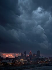 Obraz premium Dramatic cityscape view under stormy sky at dusk; ominous clouds over city skyline; urban landscape photography; Cincinnati Ohio