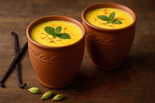 Traditional mango and yogurt beverage flavored with cardamom, mint, vanilla, and saffron, served in rustic terracotta glasses. Kesar. Saffron-infused. Dairy smoothie.