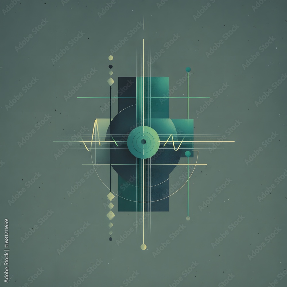 Poster modern abstract geometric art: teal yellow lines concentric circles wave patterns on textured backgr