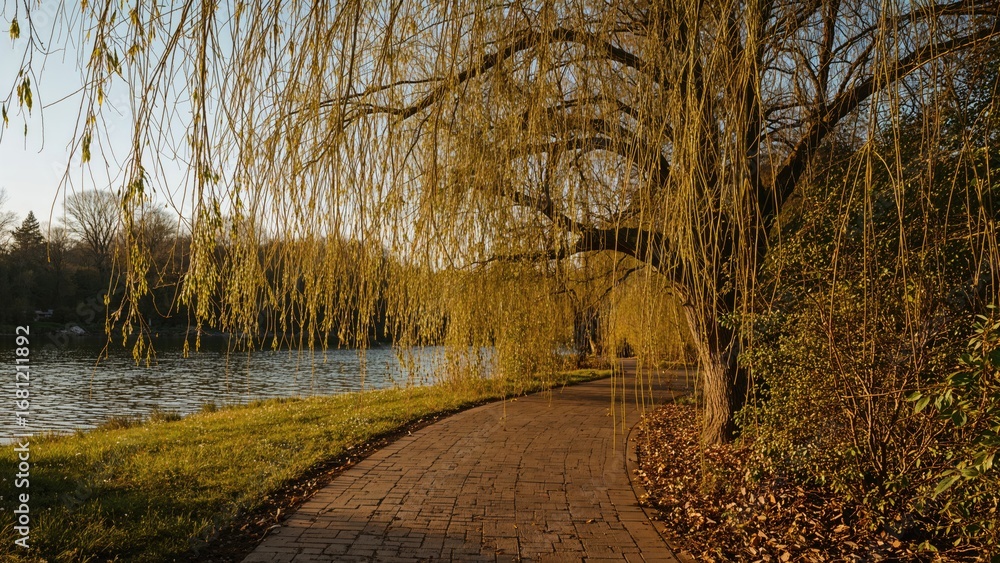 Poster a vertical view of a sunny park path lined with yellow willow branches in the early days of spring.