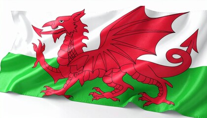 The waving flag of Wales, featuring the iconic Y Ddraig Goch (Red Dragon) on a white and green background.&nbsp; A national symbol and pride of Wales, perfect for designs related to Wales. on 