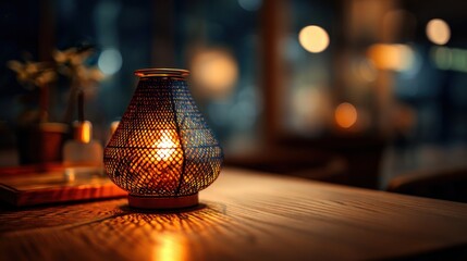 Illuminated Lantern on Wooden Table in Cozy Cafe