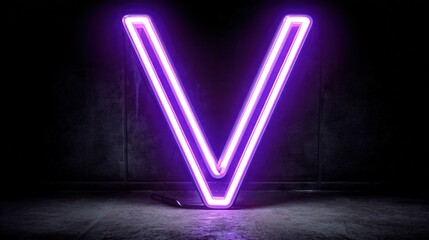 Glowing Purple Neon Letter V in Dark Room