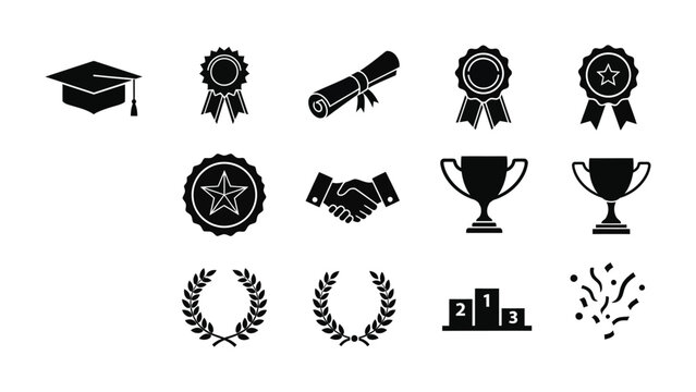 Achievement Icons: A curated collection of grayscale icons representing milestones, awards, and celebratory moments, suitable for academic, professional, and personal themes. 