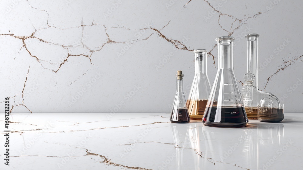 Poster various laboratory glassware filled with colorful liquids on a marble countertop illuminated by brig