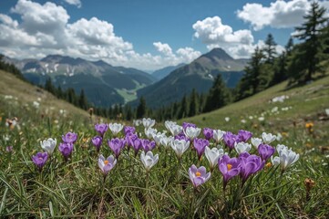 Obraz premium Stunning crocus blossoms in a mountainous spring valley