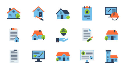 A colorful flat design icon set representing real estate, property inspection, construction, and online home management services.