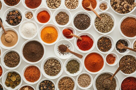 An extensive variety of exotic spices displayed in small white porcelain dishes alongside large bowls with wooden spoons on a clean white surface