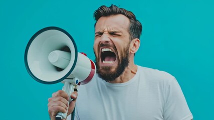 Man shouting into a megaphone against a blue background. - Powered by Adobe