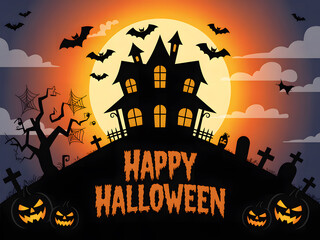 A Spooky Halloween Night Scene with Haunted Houses Pumpkins Bats and a Full Moon Creating an Eerie Atmosphere