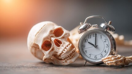 Skeleton resting peacefully with a sleep mask beside a vintage alarm clock in a cozy setting
