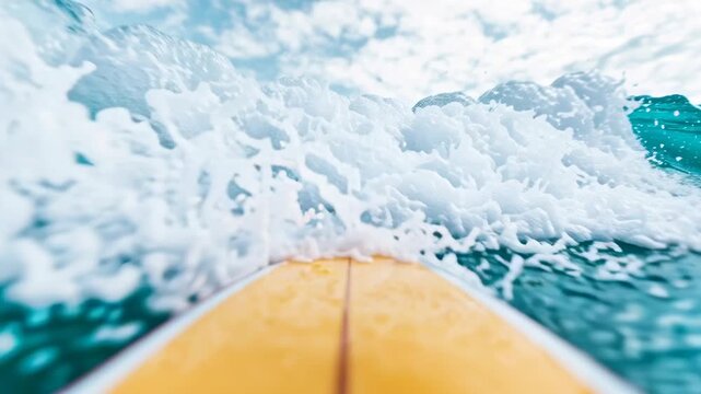 Surfboard riding waves in a vibrant ocean setting.