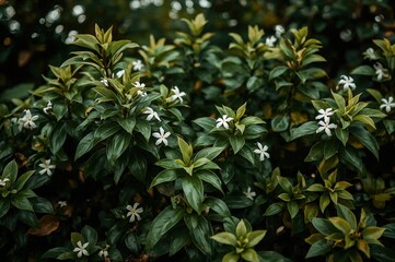 Obraz premium Lush Jasmine foliage flourishing in front of a soft-focus background