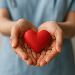 Obraz premium Compassionate hands cradling symbolic red heart representing love care and emotional support for healthcare messaging