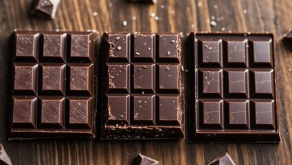 Three segments of intense dark chocolate placed on wood, macro shot