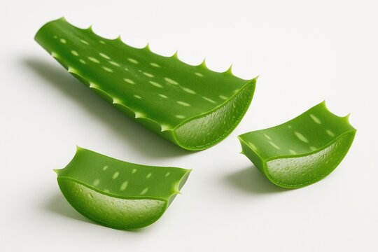A trio of aloe vera plant sections against a white backdrop