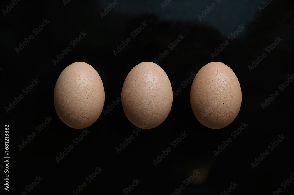Poster three eggs resting on a dark surface with their reflections visible
