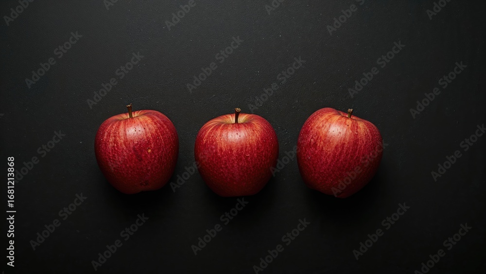 Poster three fresh scarlet apples positioned on a black background with empty text area