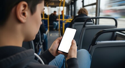 Young person using smartphone on a public bus, commuting, blank screen.