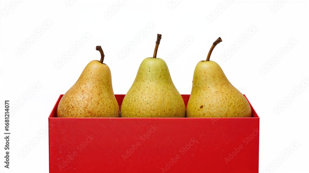 Poster three asian pears in a red container on a white surface with space for text