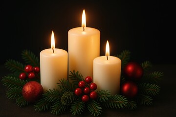 Christmas-themed setup with three burning candles and festive ornaments.