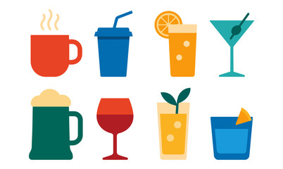 Colorful drink icons collection: modern beverage outlines for diverse applications