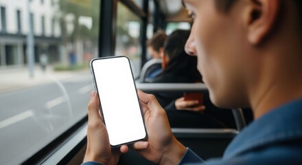 Young man uses smartphone on public transport, blank screen visible.