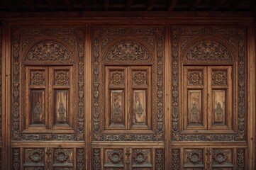 Obraz premium Three vintage windows featuring ornate carved frames