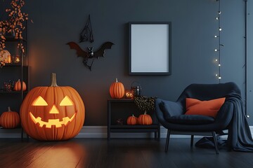 Spooky yet elegant Halloween living room scene with glowing jack-o'-lanterns and cozy seating