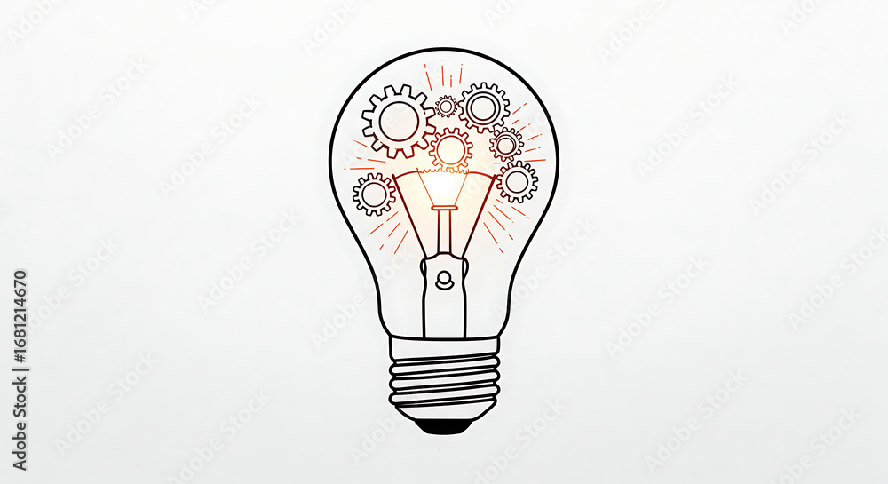 Poster illustration of a lightbulb with gears inside on a white background representing innovation and idea