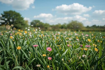 Lush green meadow with blooming flowers in warm sunlight