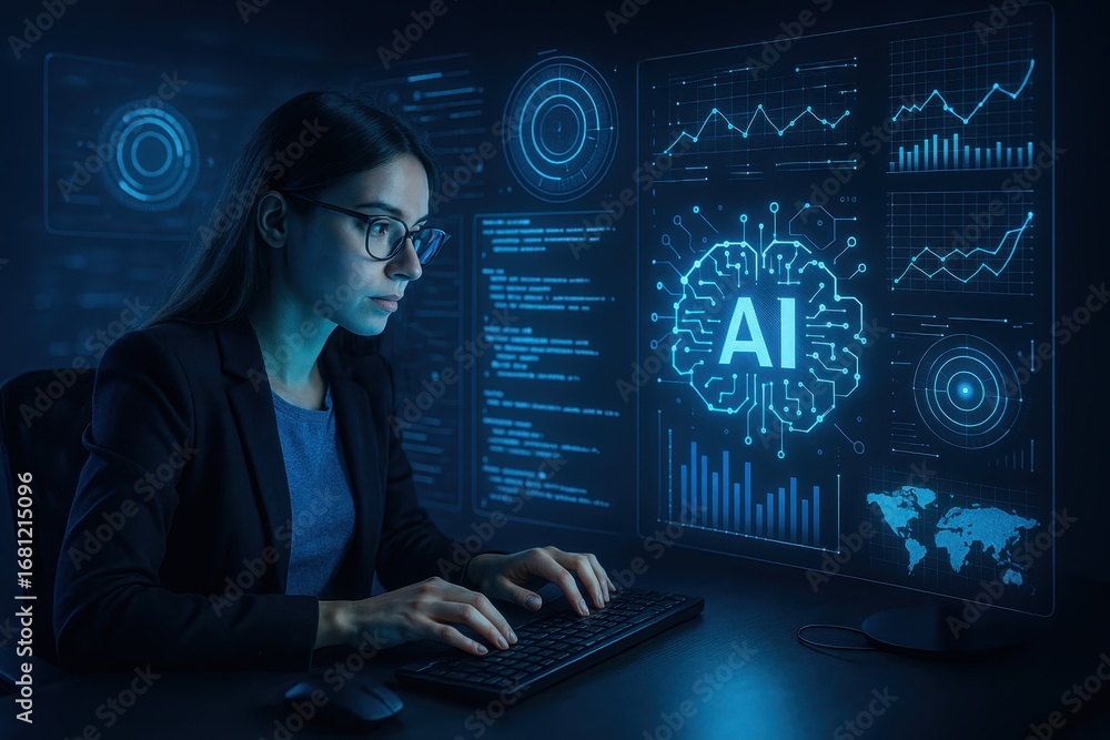 Poster software developer coding with augmented reality interface displaying complex algorithms and blockch