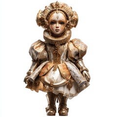 Exquisite Porcelain Doll in Elegant Gold and White Baroque Gown A Stunning Collector's Item
