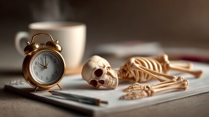 Tired skeleton struggles with coffee while checking the clock on a Monday morning