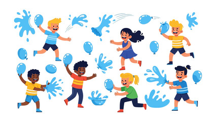 Playful Water Fun: A vibrant illustration capturing children engaged in a joyful water balloon fight, filled with splashing, laughter, and the exuberant spirit of summer.
