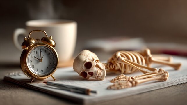 Tired skeleton struggles with coffee while checking the clock on a Monday morning