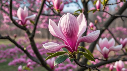 Springtime scene featuring a freshly opened pink magnolia flower