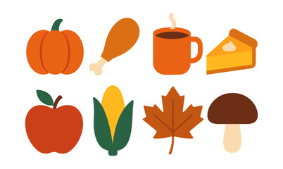 Cozy autumn elements: pumpkin, turkey leg, coffee, and more in flat design