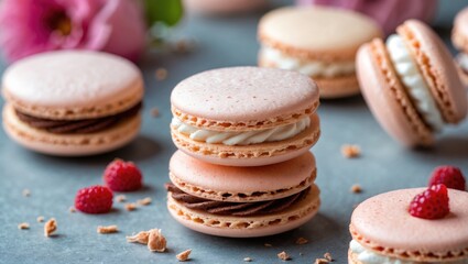 Fototapeta premium Delicate sandwich cookies made from airy meringue shells with a luscious cream layer