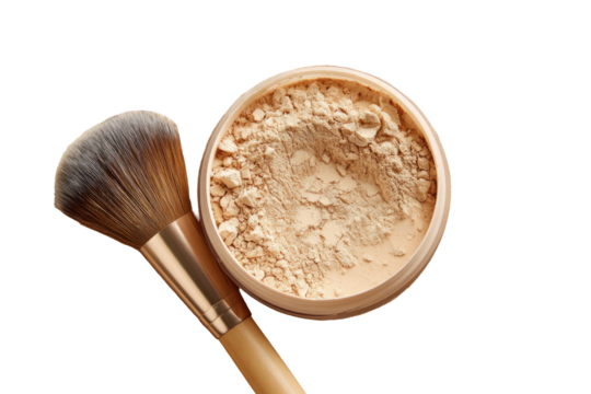 Light beige powder in a compact, with a makeup brush