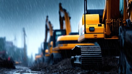 Construction site with yellow excavators in the rain, showcasing machinery working on muddy terrain