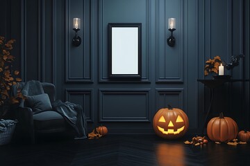 Spooky Halloween pumpkin scene with cozy armchair, flickering candles, and autumn leaves in a dark elegant room