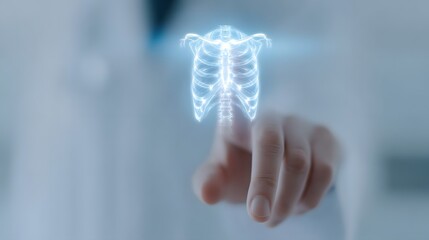 Glowing Human Rib Cage Projected Doctors Finger Touching Medical Technology Concept.