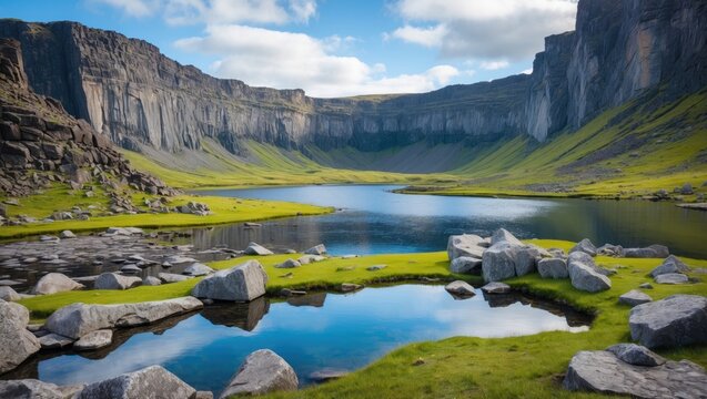 Natural landscape featuring dramatic rocky cliffs, serene lakes, and mountain ridges