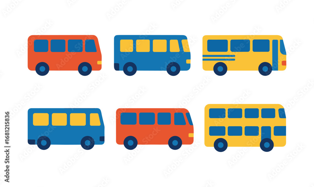 Poster colorful flat design collection of various bus types in modern style