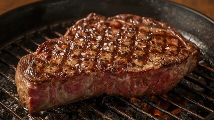Rare thick ribeye grilled on a cast iron skillet