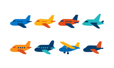 Colorful flat airplane icons set for travel and aviation themes