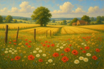 Rolling hills pastoral landscape with wildflower meadows and golden wheat fields under expansive blue sky with fluffy clouds