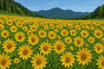 A Rich Patch of Flowers Dominates the Image with Bright Yellow Hues